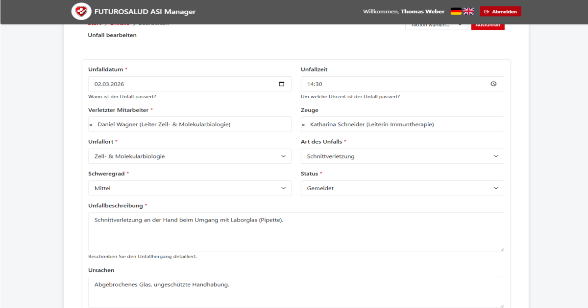 FUTUROSALUD ASI Manager Unfallmeldung